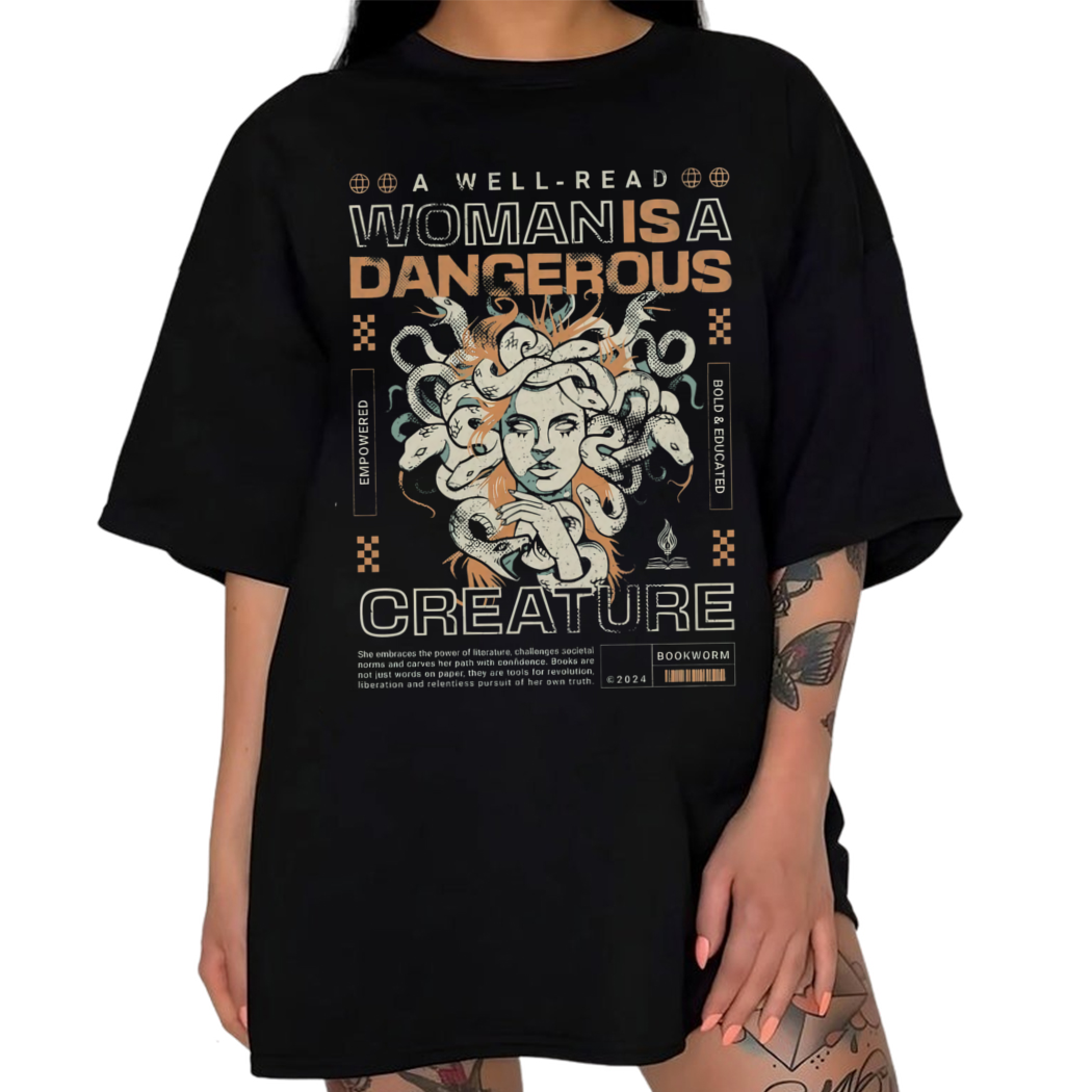 A Well Read Woman is A Dangerous Creature Shirt for Book Lover Vintage Feminist Book Shirt for Bookworm Y2k Oversized Bookish Shirt for Her