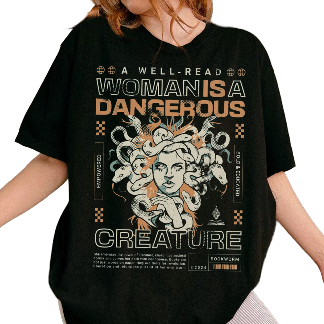 A Well Read Woman is A Dangerous Creature Shirt for Book Lover Vintage Feminist Book Shirt for Bookworm Y2k Oversized Bookish Shirt for Her