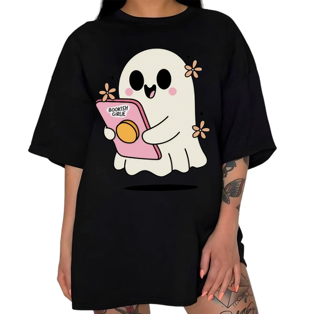 Bookish Girlie Ghost Shirt - Cute and Spooky Top for Literature Lovers, Book Shirt