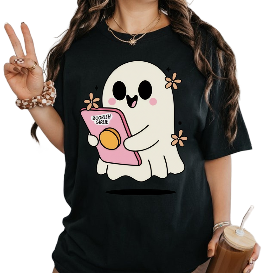 Bookish Girlie Ghost Shirt - Cute and Spooky Top for Literature Lovers, Book Shirt