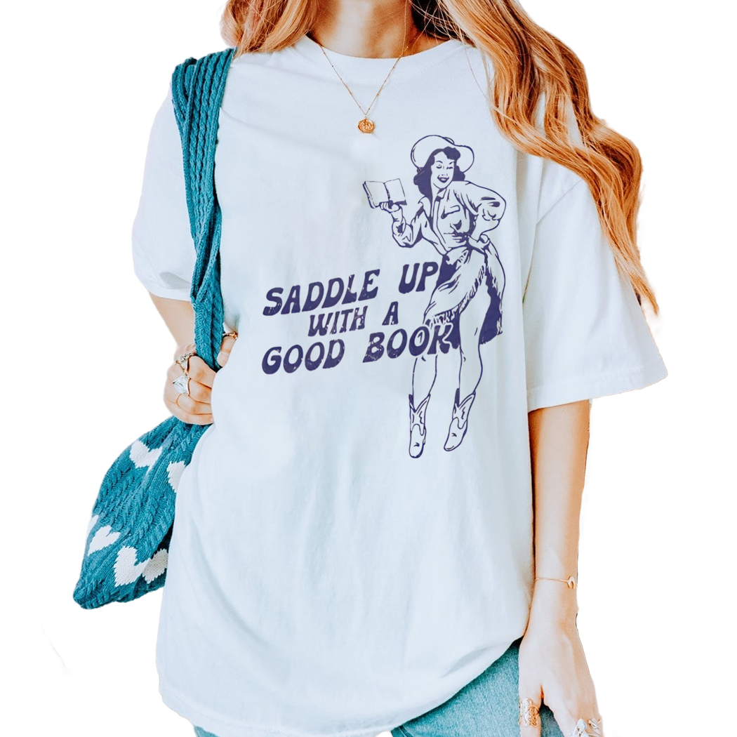 Bookish Cowgirl Saddle Up With A Good Book Shirt, Retro Western Book Lover Shirt Country Bookish Tee