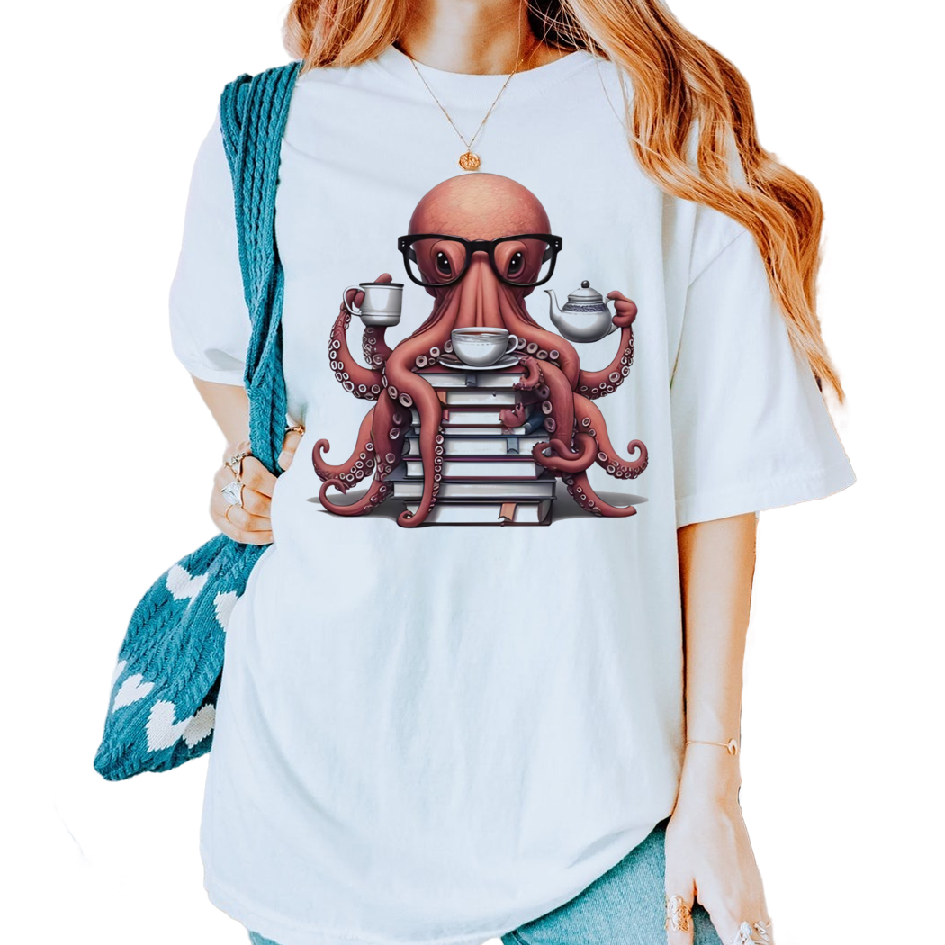 Bookish Octopus Graphic Tee , Coffee, Tea,Reading Lovers Shirt