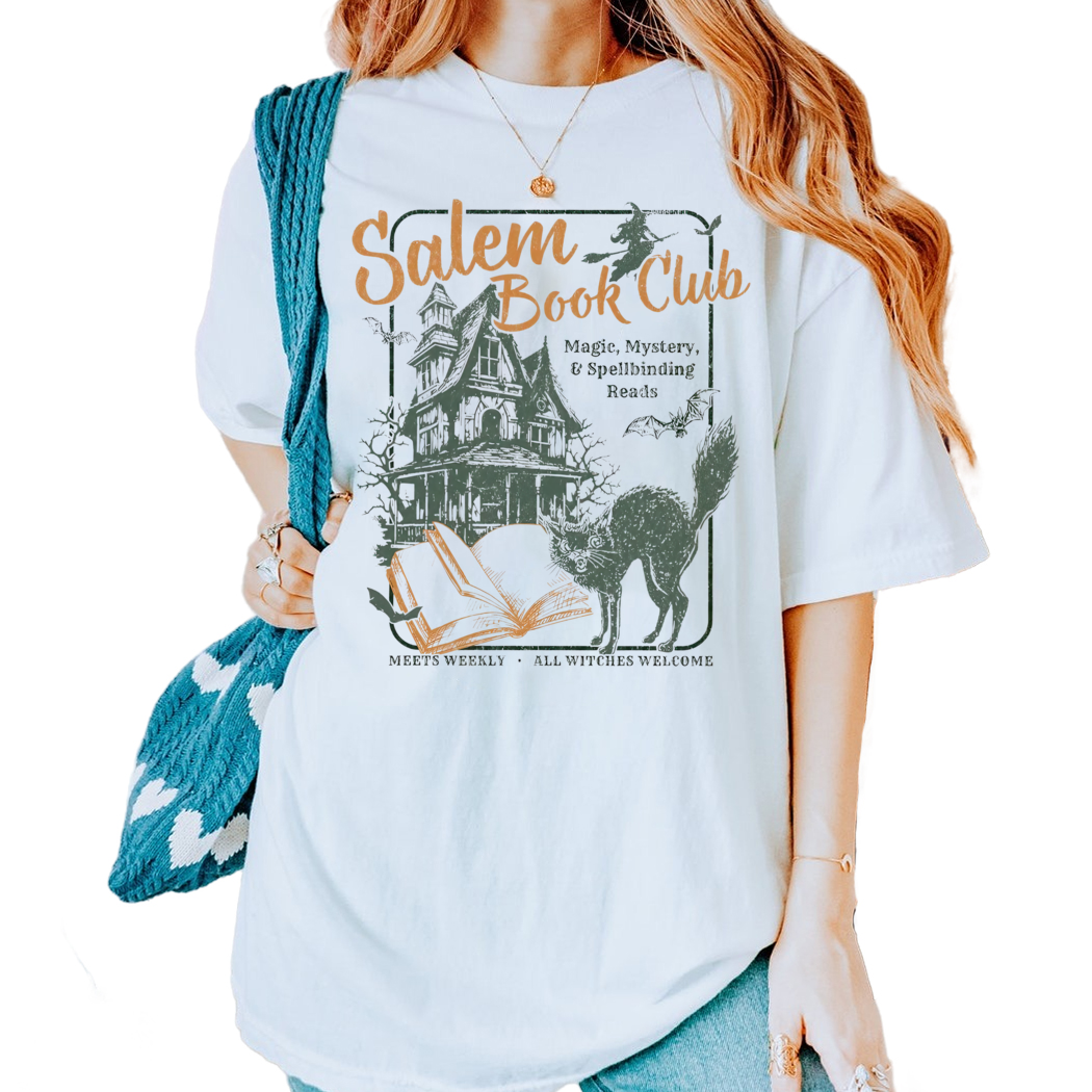 Retro Salem Book Club Shirt, Bookish Halloween Tee, Black Cat Spooky Book Lover Shirt, Salem Witches, Spooky Season Fall Bookish Things