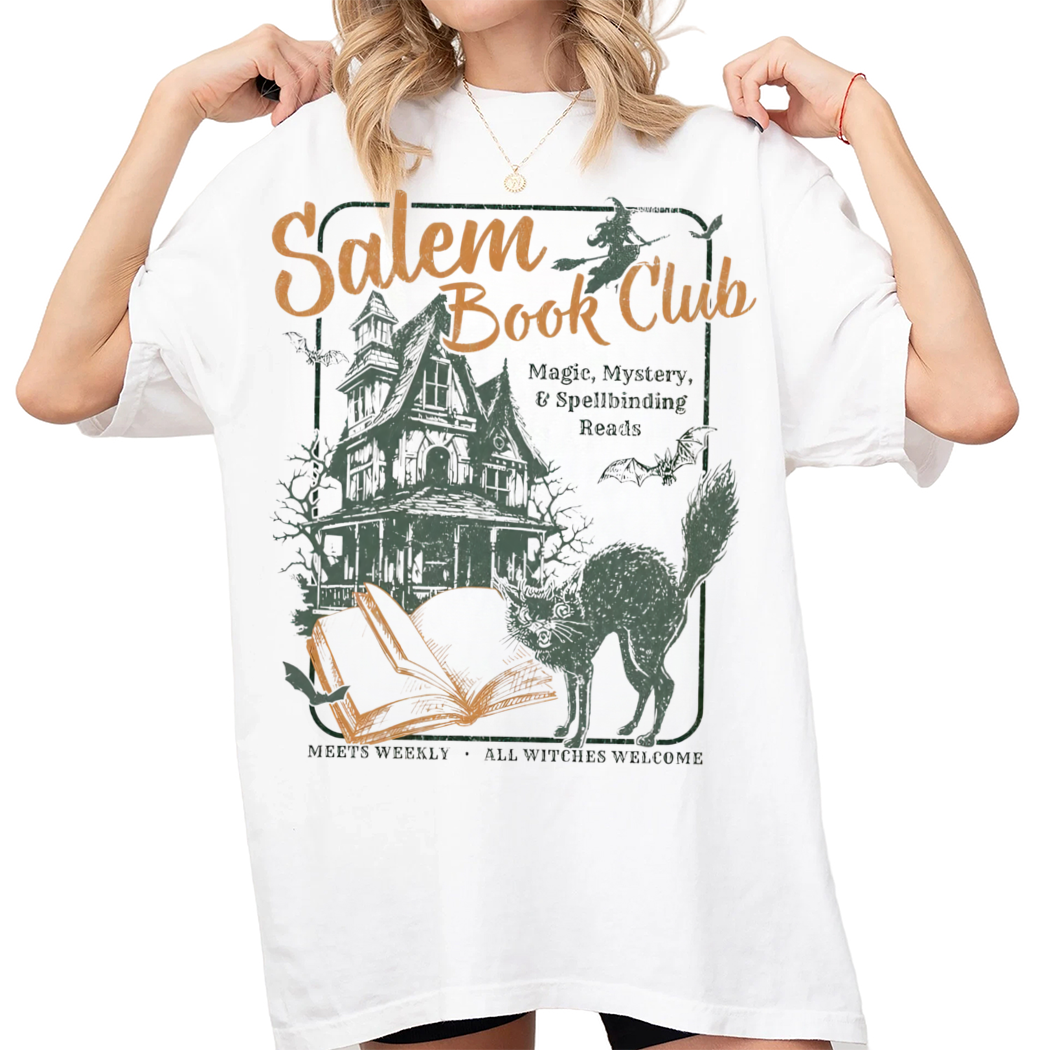 Retro Salem Book Club Shirt, Bookish Halloween Tee, Black Cat Spooky Book Lover Shirt, Salem Witches, Spooky Season Fall Bookish Things