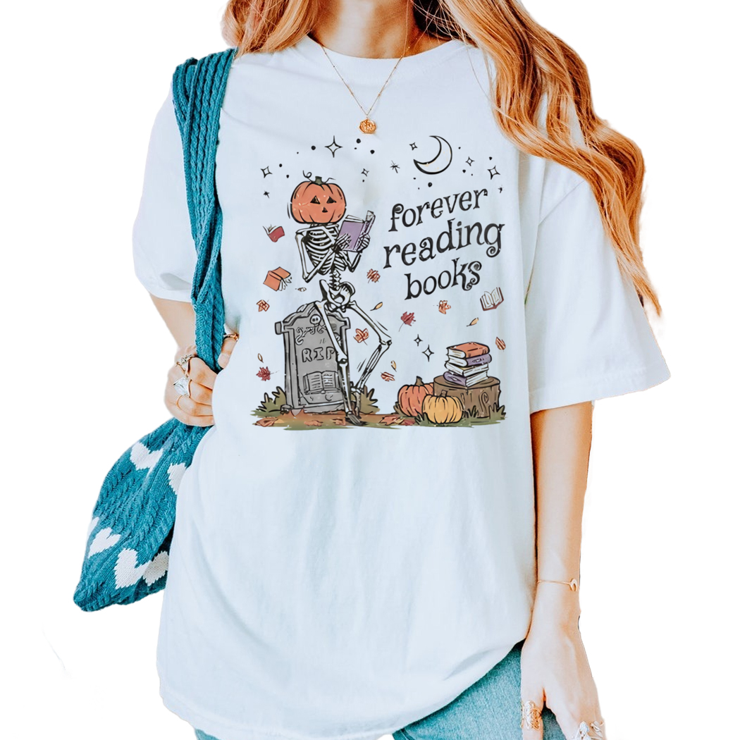 Forever Reading Books Fall Shirt For Book Lover Cute Halloween Bookish Tee for Bookworm Spooky Pumpkin Face Skeleton