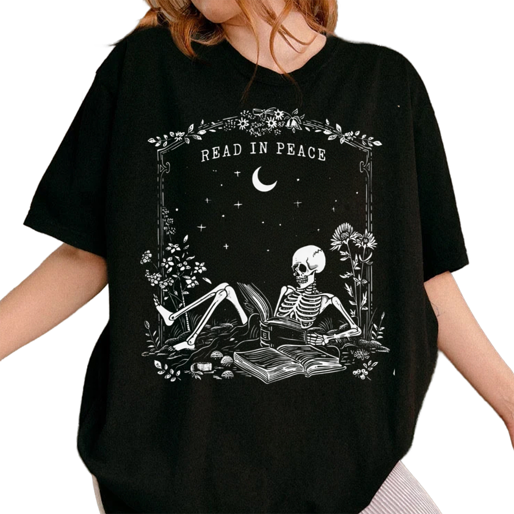 Read in Peace t-shirt, Skeleton Reading t-shirt, Book Lover Halloween - Bookish Halloween shirt