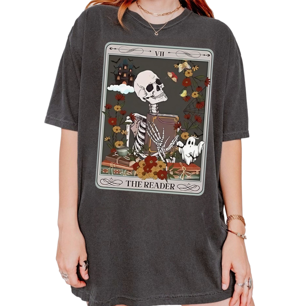 The Reader Skeleton Librarian Tee Tarot Card Bookish Apparel for Mystical Shirt