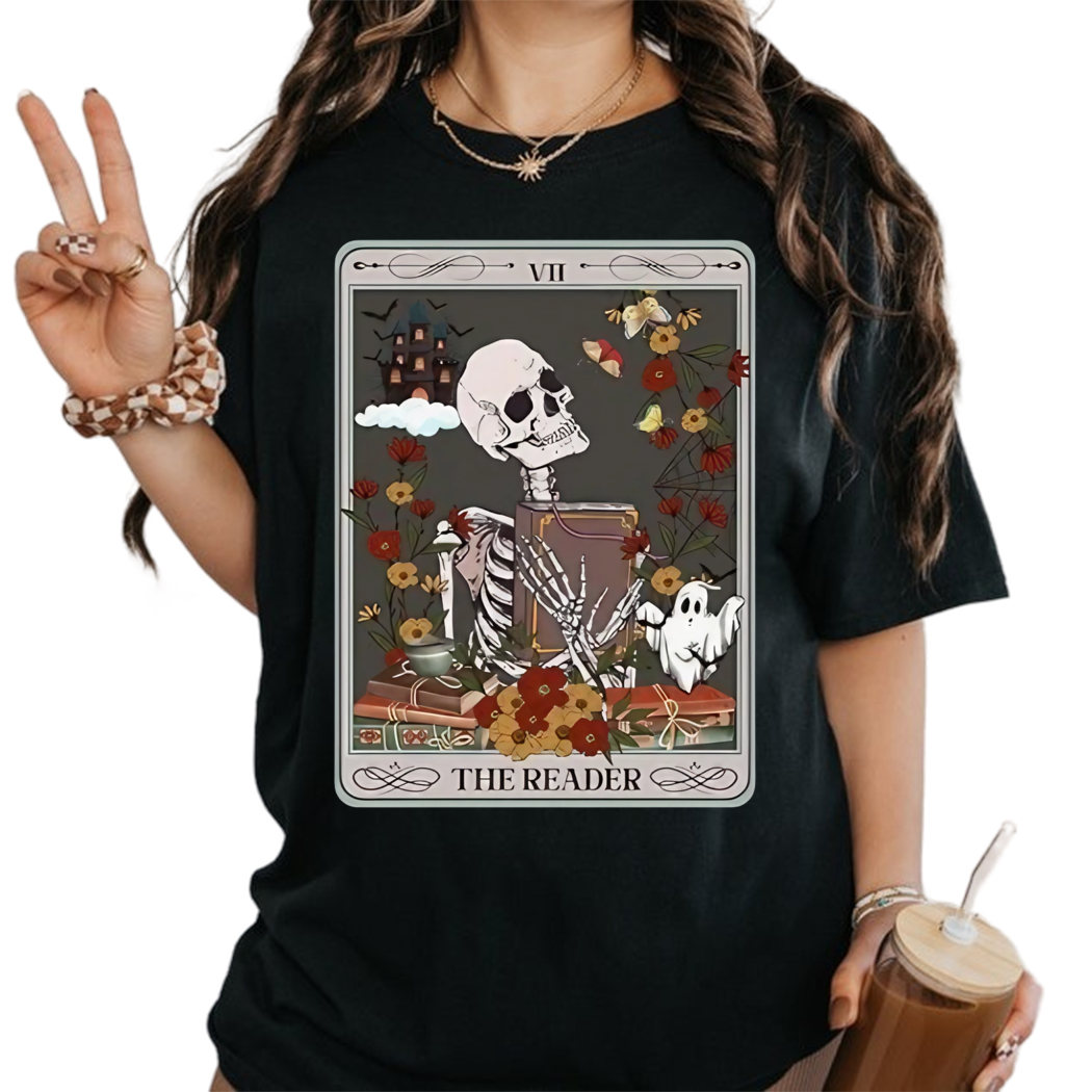 The Reader Skeleton Librarian Tee Tarot Card Bookish Apparel for Mystical Shirt