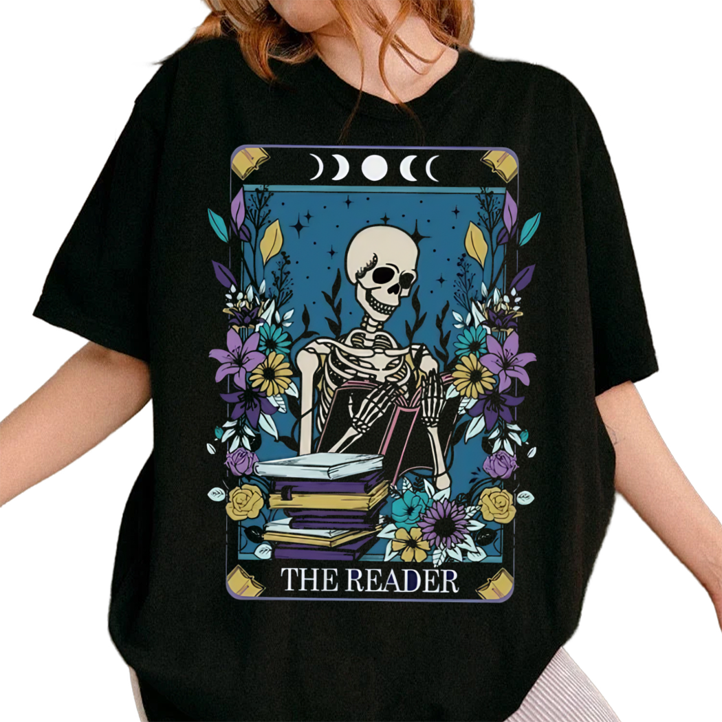 The Reader Tarot Card Tshirt, Halloween Skeleton Tarot Shirt, Fortune Teller Shirt, Librarian Gift