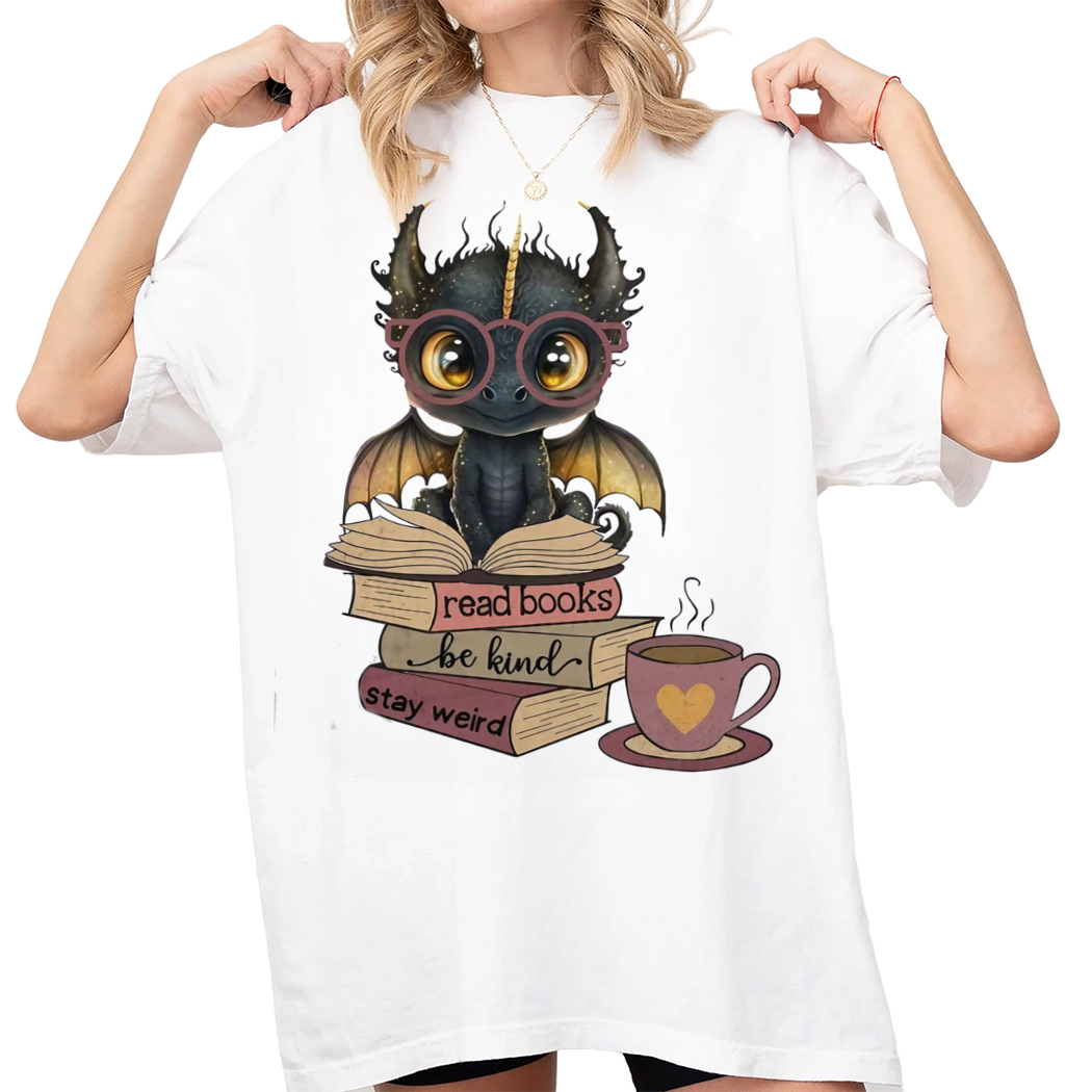 Cute Dragon Reading Shirt, Read Books Be Kind Stay Weird Bookworm Gift T-shirt