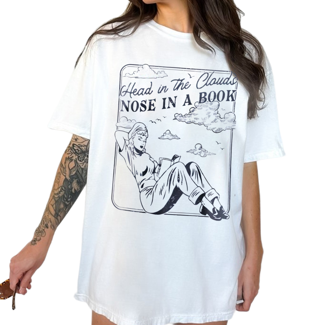 Head In The Clouds Nose In A Book Shirt, Romantasy Book Addict, Vintage Bookish Art Simple