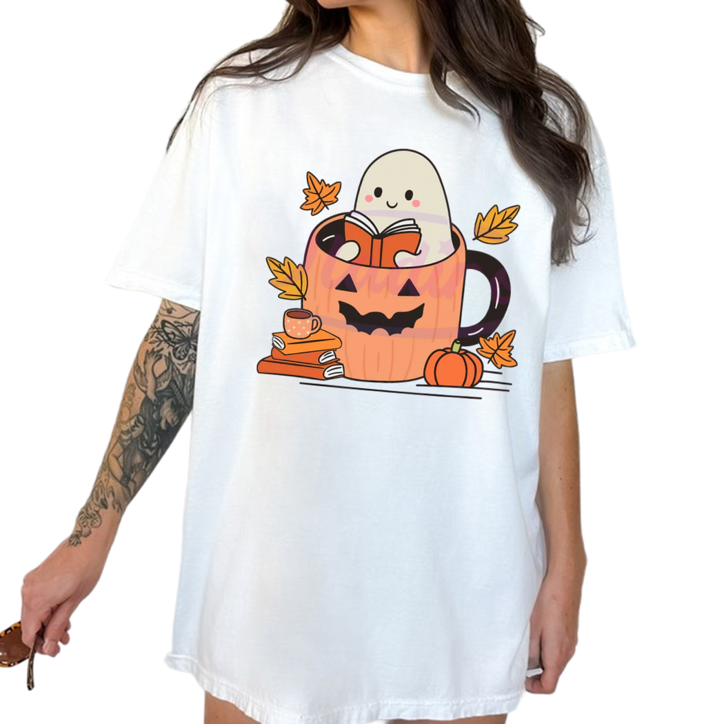 Cute Bookish Ghost Pumpkin Autumn Vibes Shirt