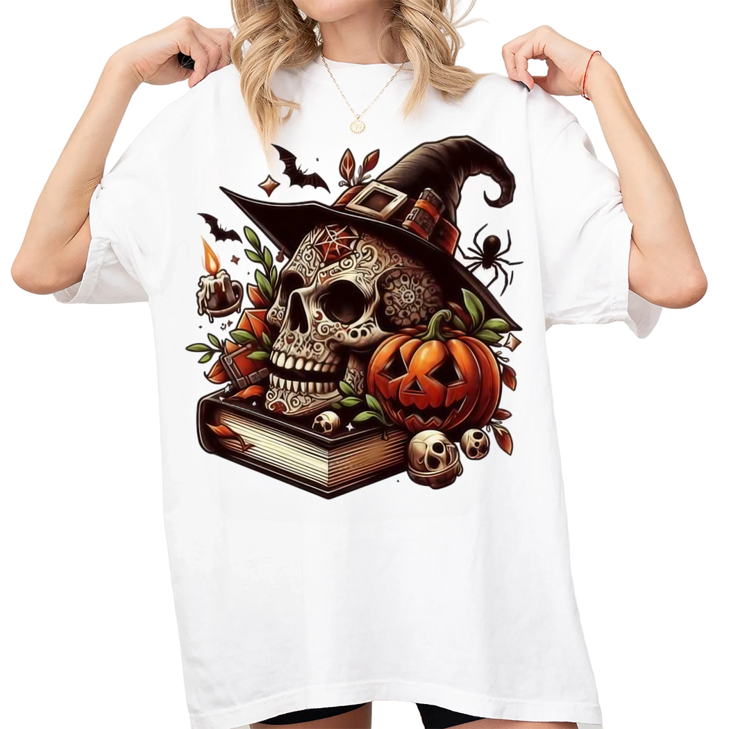 Scary Horror Skull Halloween Shirt, Spooky Spell Books Skull Shirt