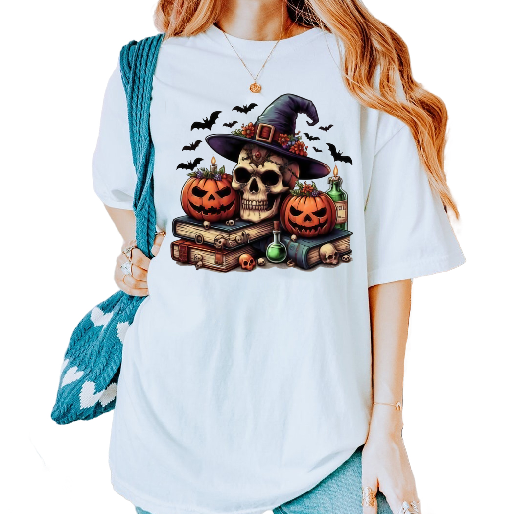 Spooky Spell Books Skull Halloween Graphic Tee