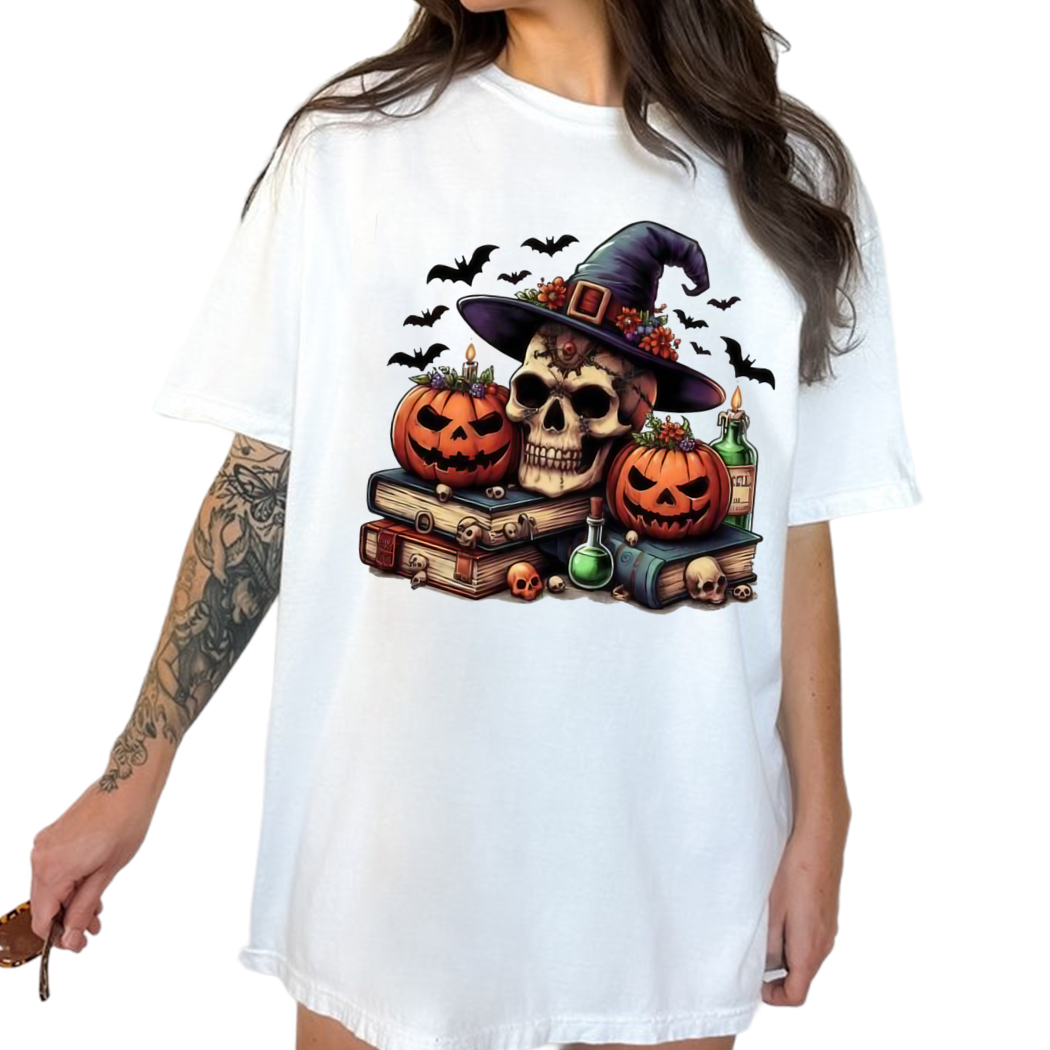 Spooky Spell Books Skull Halloween Graphic Tee