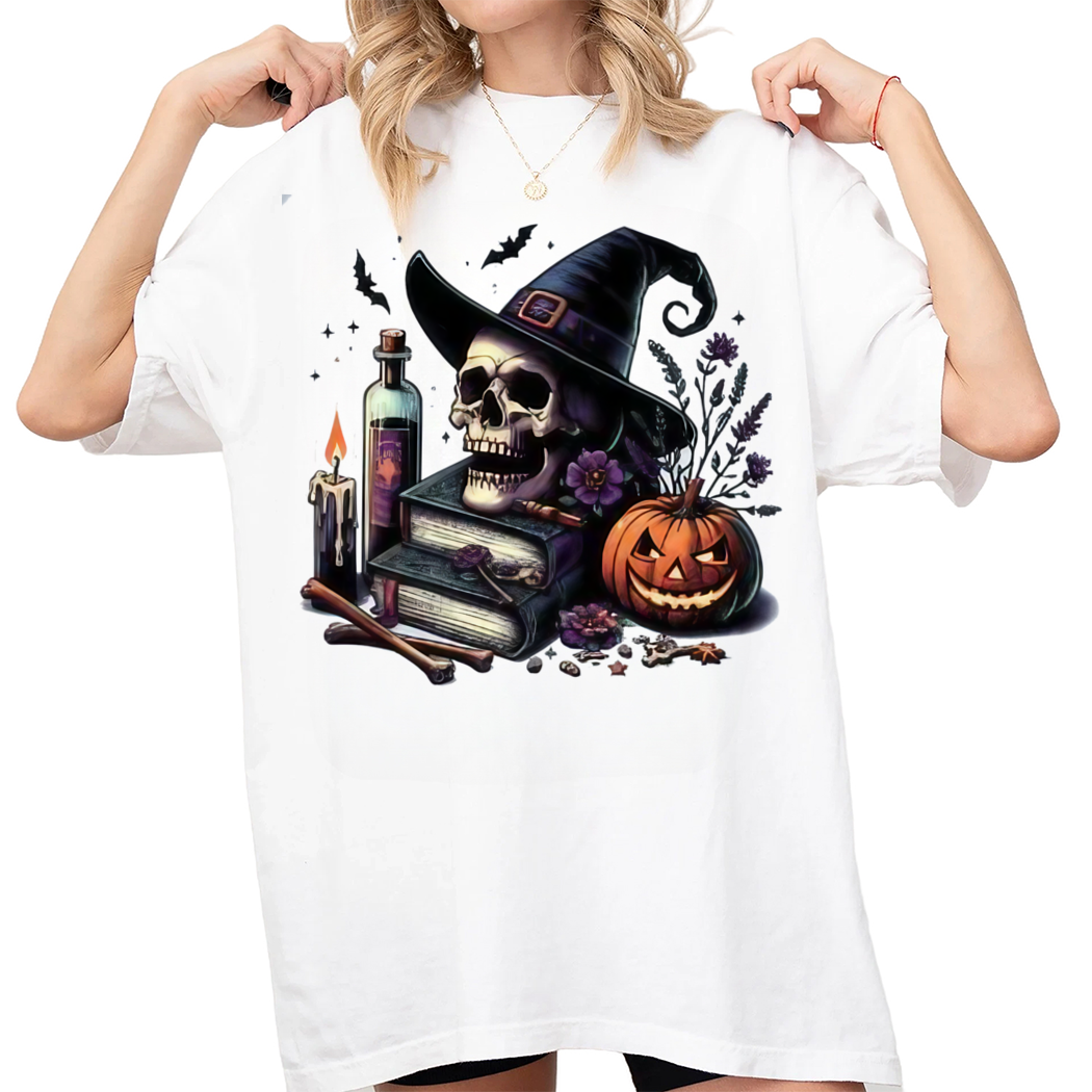 Spooky Spell Books Skull Halloween Shirt