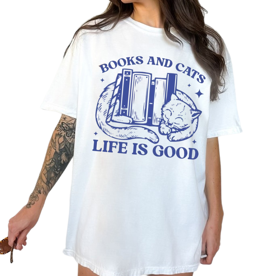 Books and Cats Life is Good Shirt, Vintage Bookish Shirt, Book Lover Gift