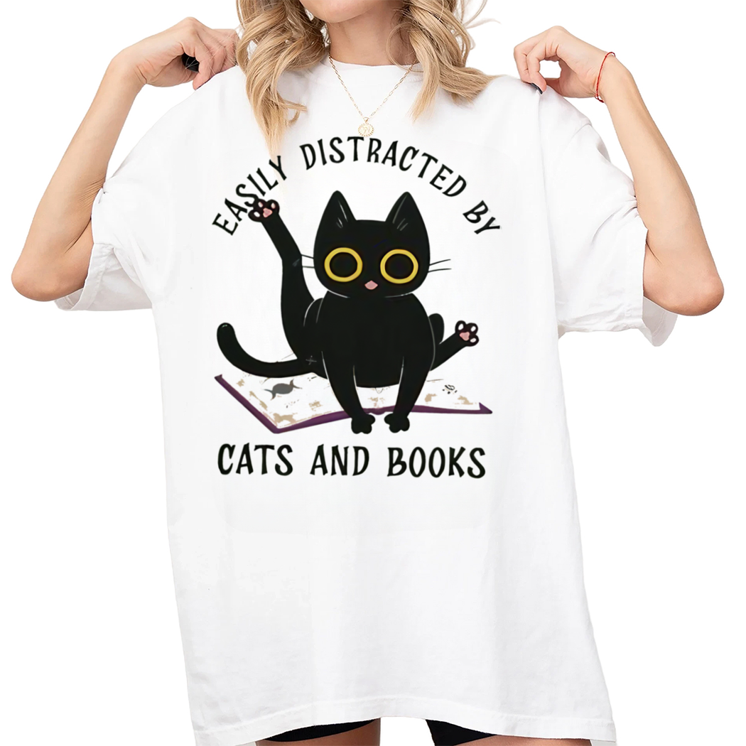 Easily Distracted by Cats and Books Shirt, Black Cat Graphic Tee, Book Lover Gift, Book Lover Tee