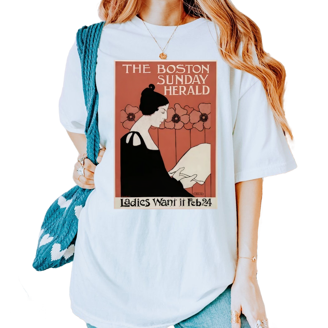 Art Nouveau Lady Reading Boston Herald Shirt, Book Lover Gift