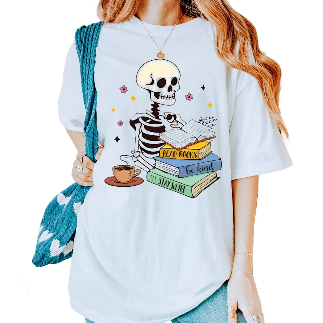 Reading Book Coffee Lover Bookish Skeleton Reading Books TShirt, Bookish Gift for Her