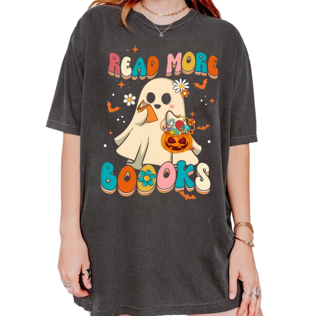 Cute Ghost Boo Groovy Read More Books Halloween Book Shirt Funny Bookish