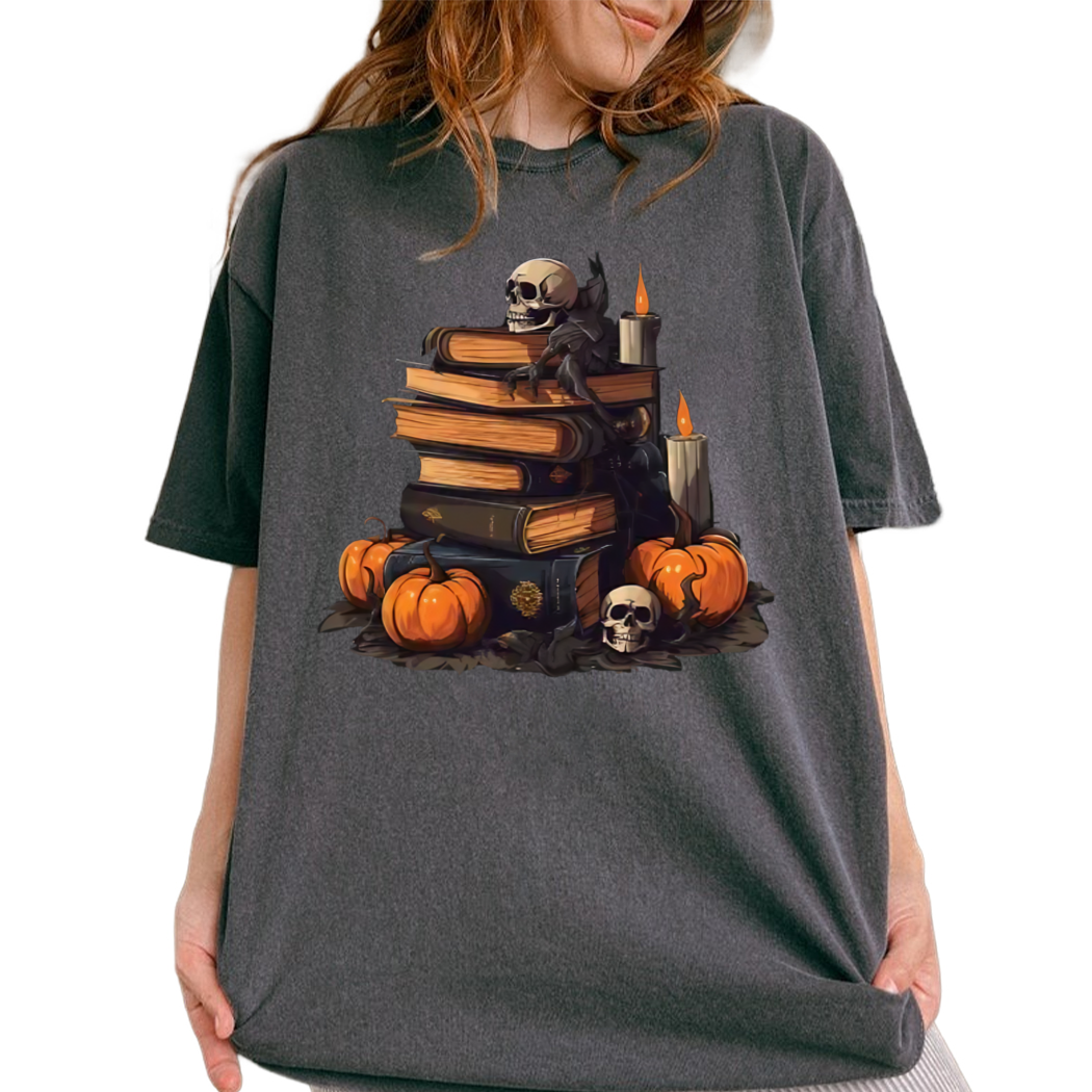 Skull Pumpkins Books Witch Halloween Book Shirt