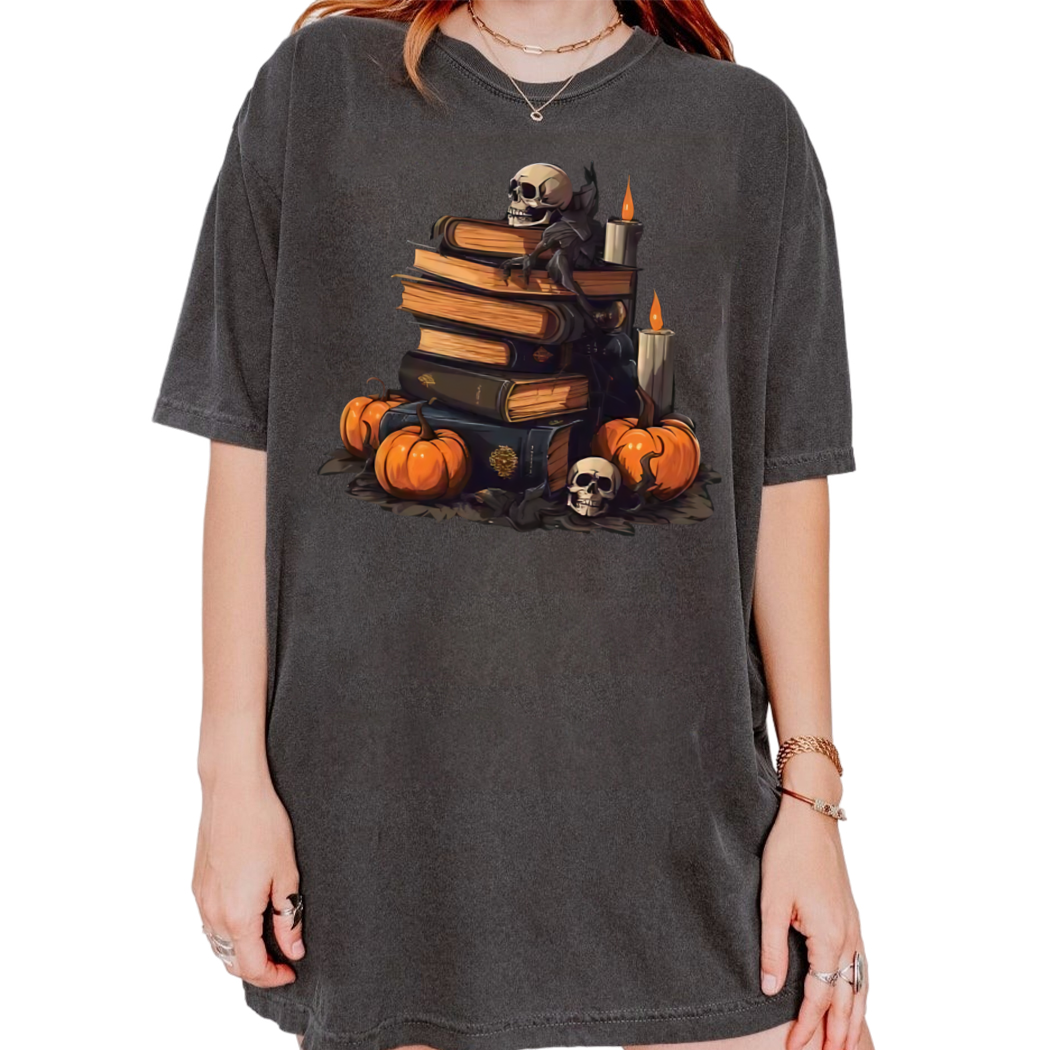 Skull Pumpkins Books Witch Halloween Book Shirt