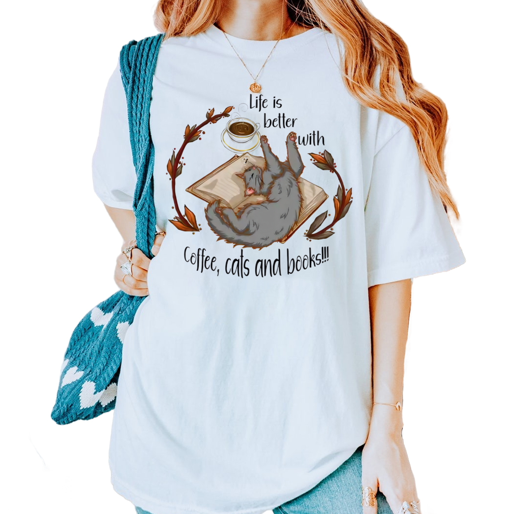 Cat Life Is Better With Coffee Cats and Books Shirt Librarian Shirt