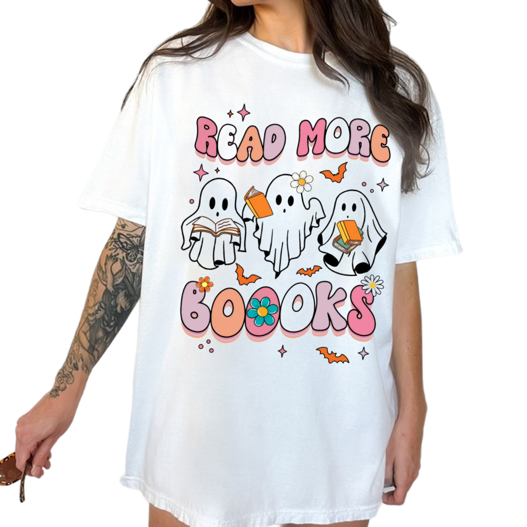 Cute Ghost Groovy Read More Books Halloween Book Shirt Funny Bookish