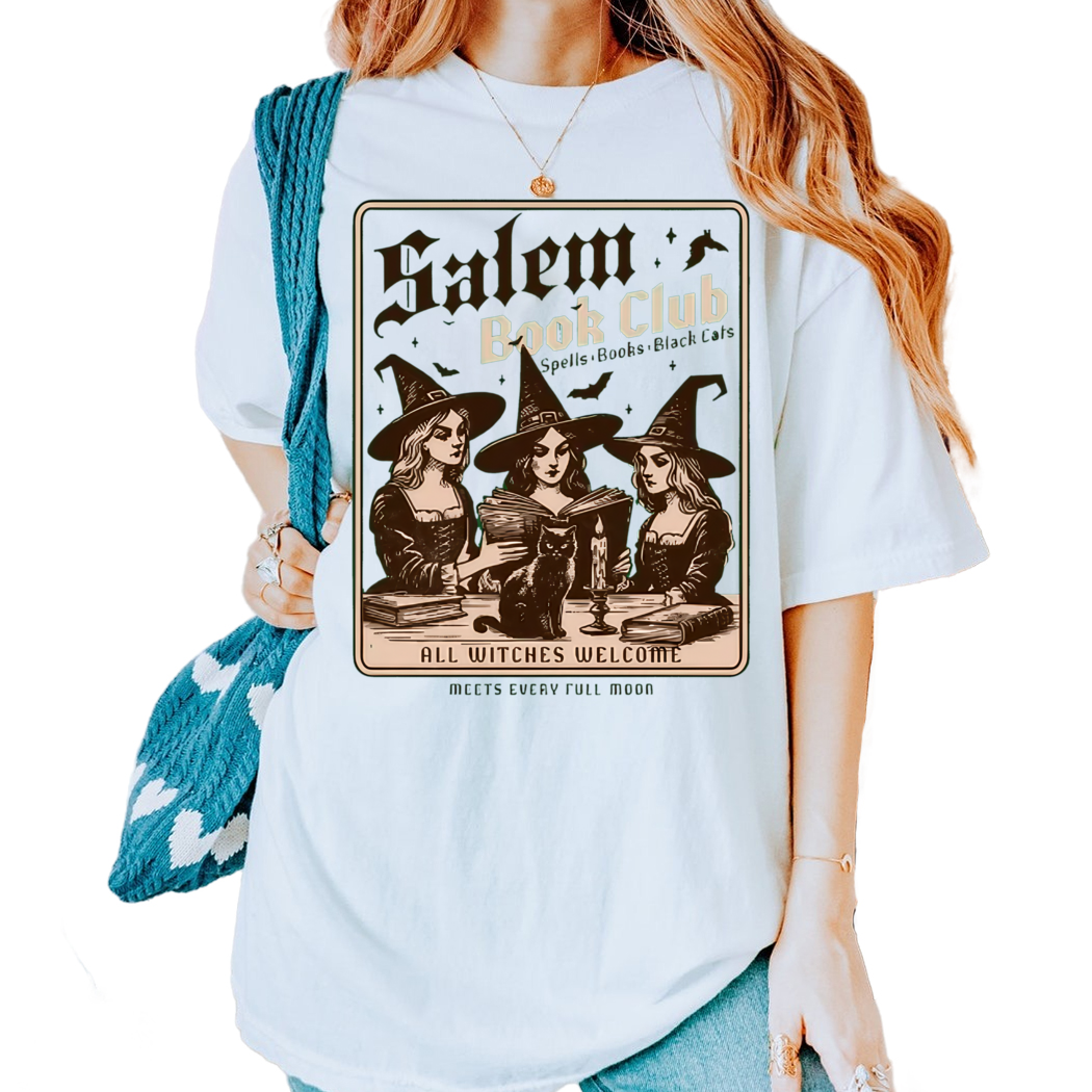 Black Cat Salem Book Club All Witches Welcome Halloween Book Shirt