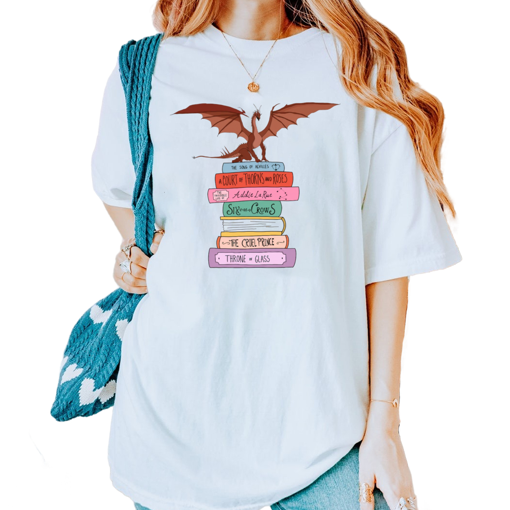 Dragon Fantasy Book Stack Shirt, Bookish Gift for Her