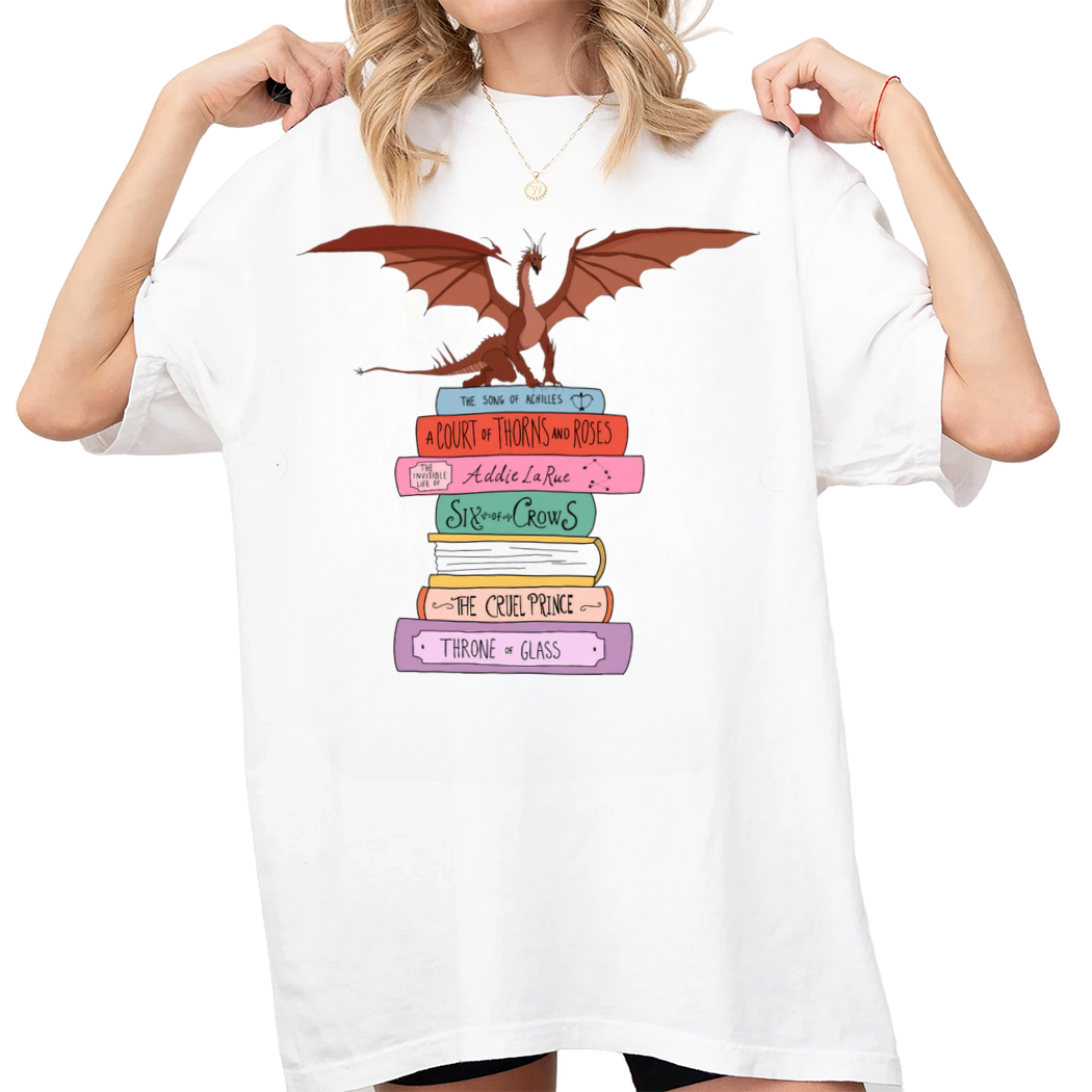 Dragon Fantasy Book Stack Shirt, Bookish Gift for Her